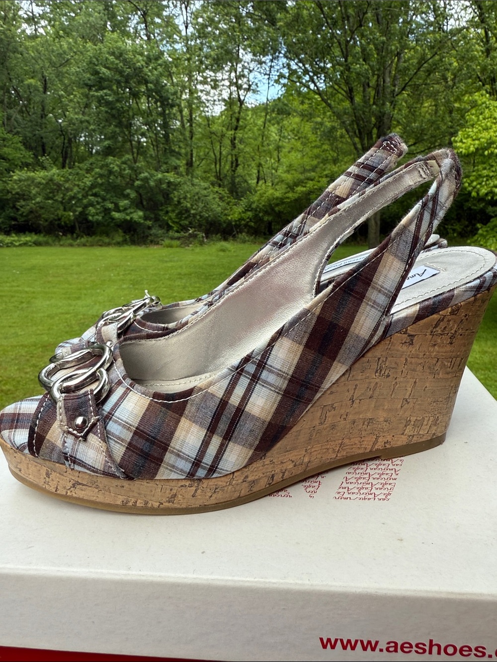American Eagle Outfitters Brown Plaid Peep-Toe Slingback Wedge Sandals - Picture 7 of 14